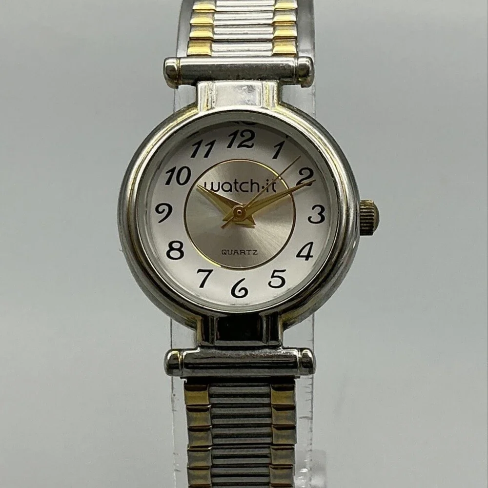 Watch-it Womens Watch 23mm White Dial Two Tone Expansion Bracelet New Battery